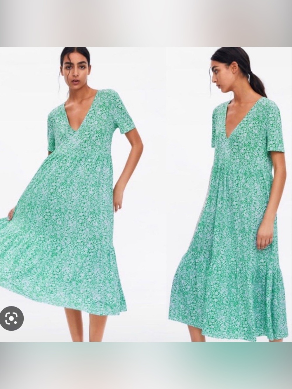 Zara Green & White Floral Print V-Neckline Midi Dress  Flowy Tiered Sz M